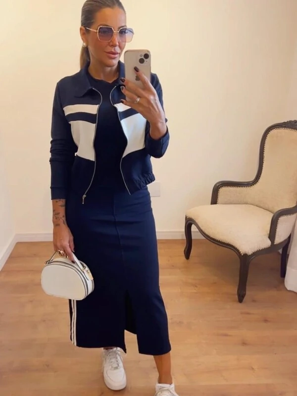 Conjunto Vestido Midi com Fenda + Bomber em Moletinho – Look Moderno e Confortável