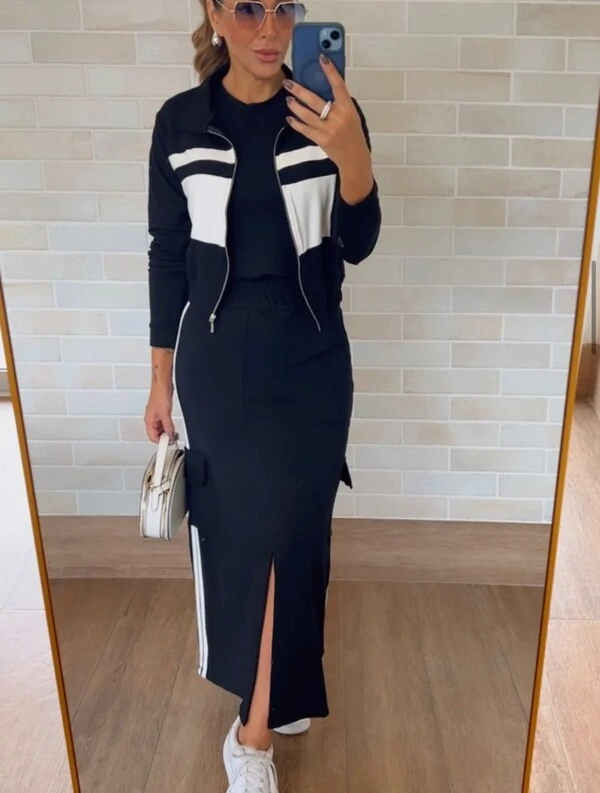 Conjunto 3 Peças em Moletinho – Vestido Midi com Fenda + Jaqueta Esportiva