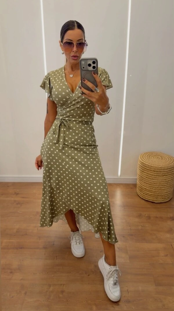 Vestido Midi Transpassado Poá com Amarração