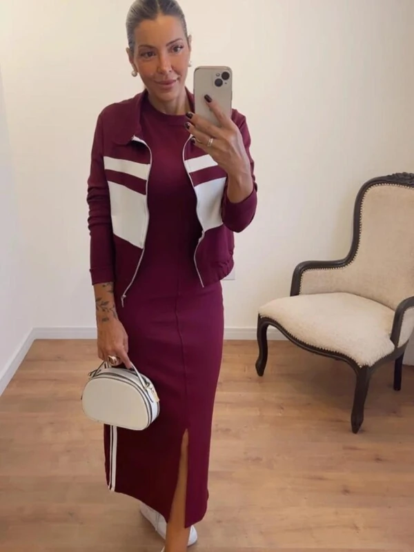 Conjunto Vestido Midi com Fenda + Bomber em Moletinho – Look Moderno e Confortável