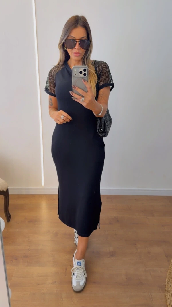 Vestido Mayla Midi com Manga em Arrastão