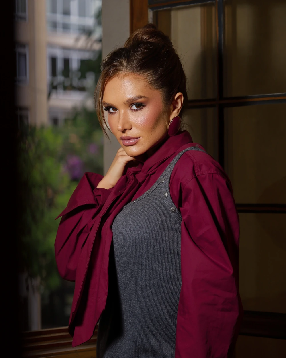 FotoCamisa tricoline laço Maitê Vinho