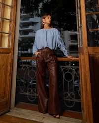 Calça Couro PU Naomi Marrom