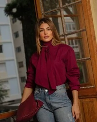 Camisa Tricoline Laço Maitê Vinho