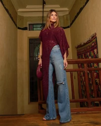 Blusa Assimétrica de Renda Lola Vinho