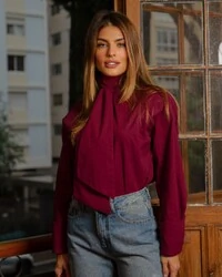 Camisa Tricoline Laço Maitê Vinho