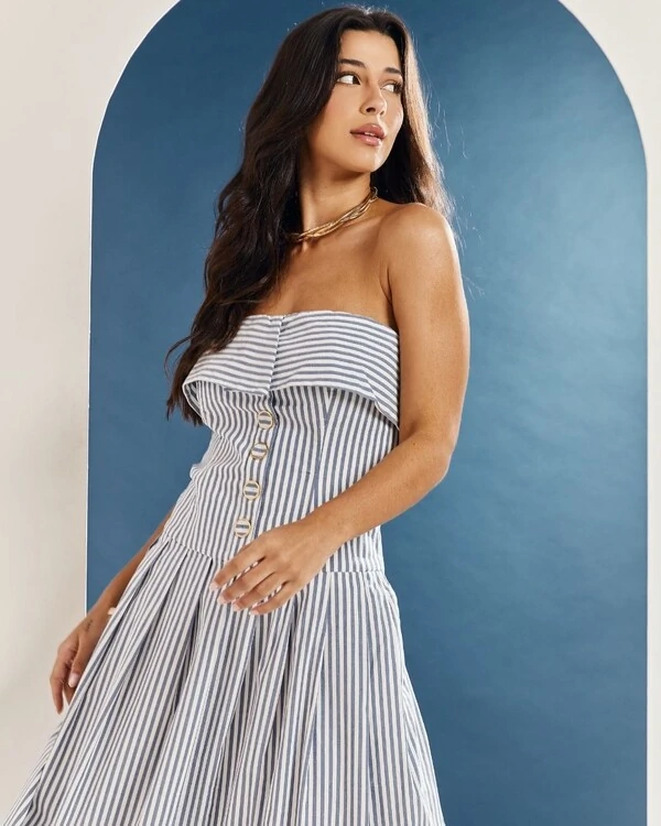 Vestido Listras Tomara Que Caia Maya Azul Marinho