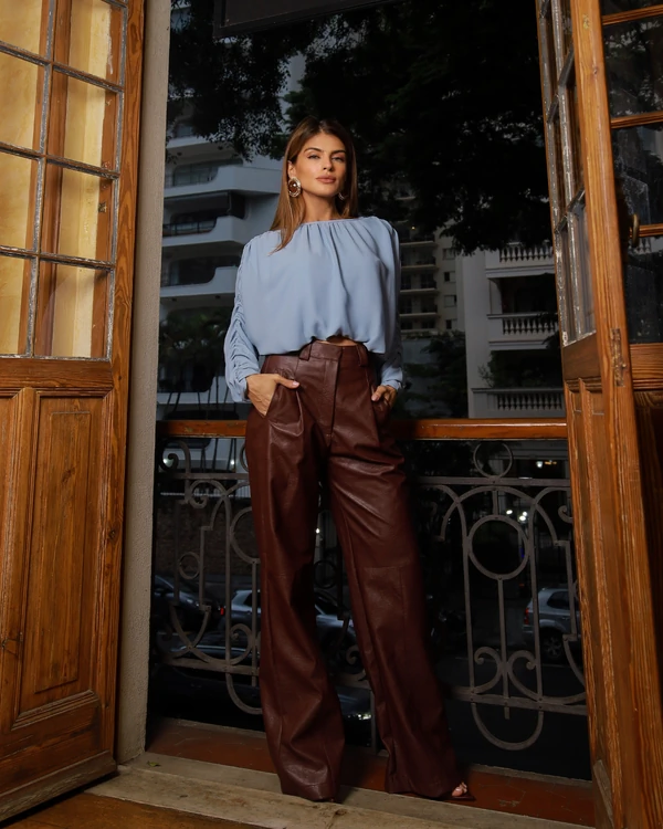 Calça Couro PU Naomi Marrom