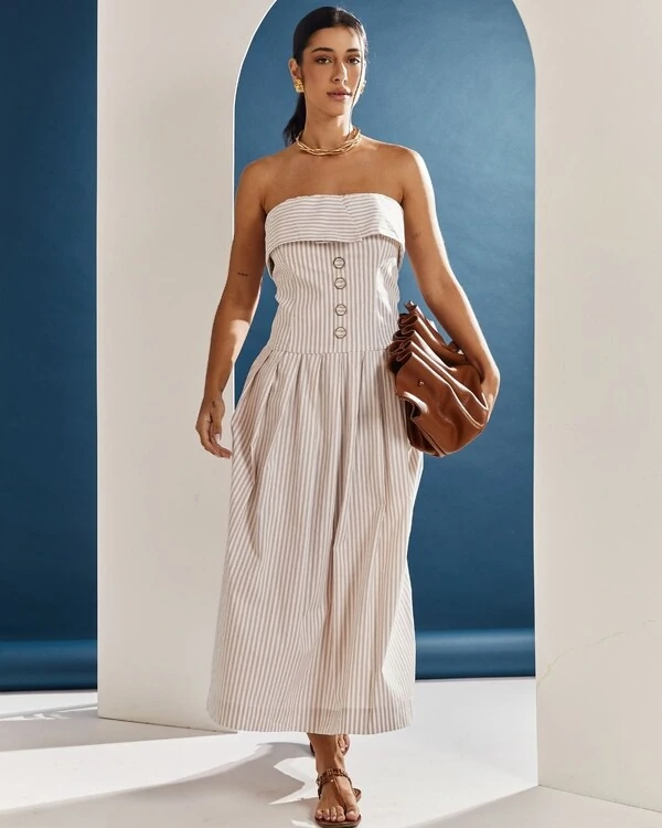 Vestido Listras Tomara Que Caia Maya Bege