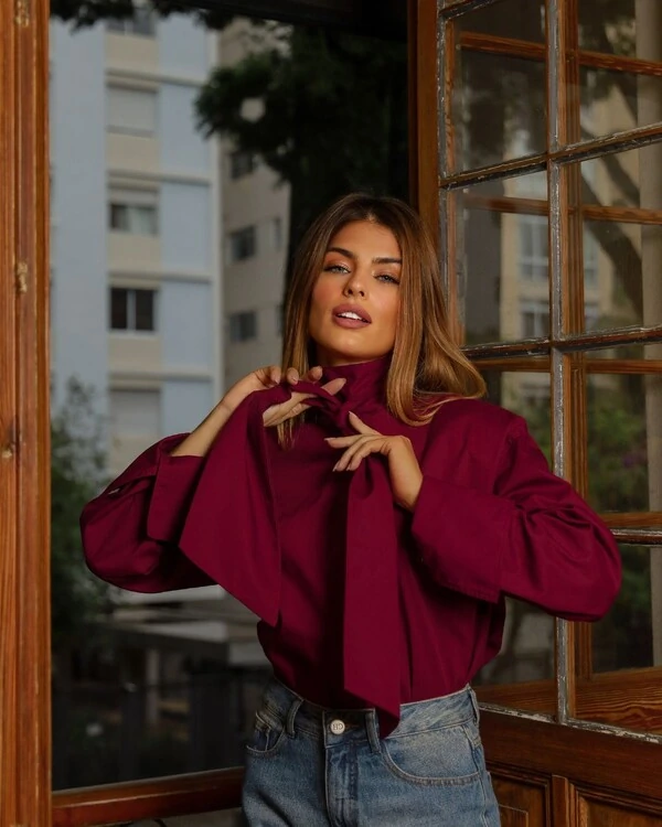 Camisa Tricoline Laço Maitê Vinho