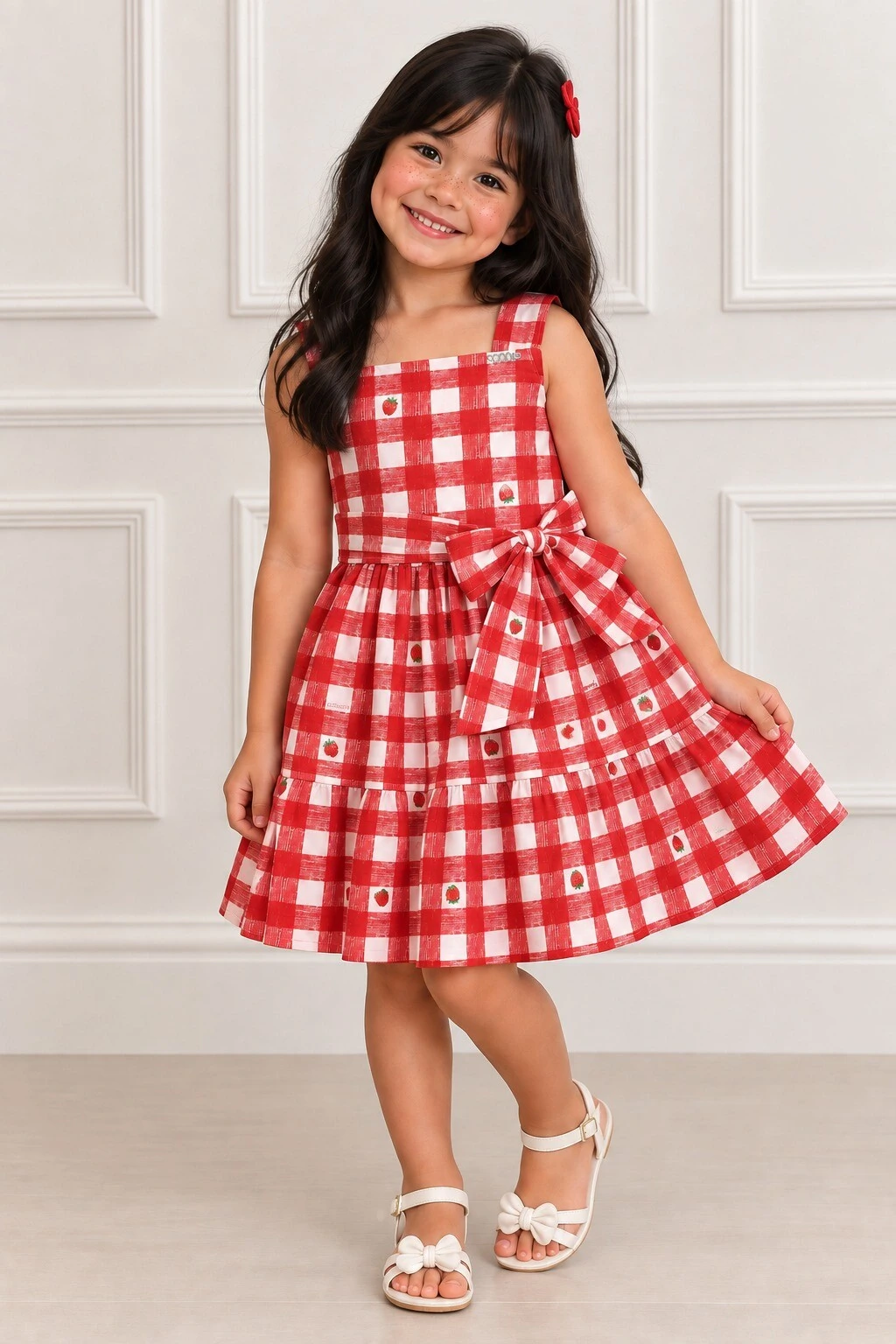 Foto Vestido Tricoline - Xadrez Morango
