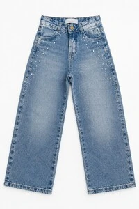 Calça Wide Leg Jeans Com Brilho