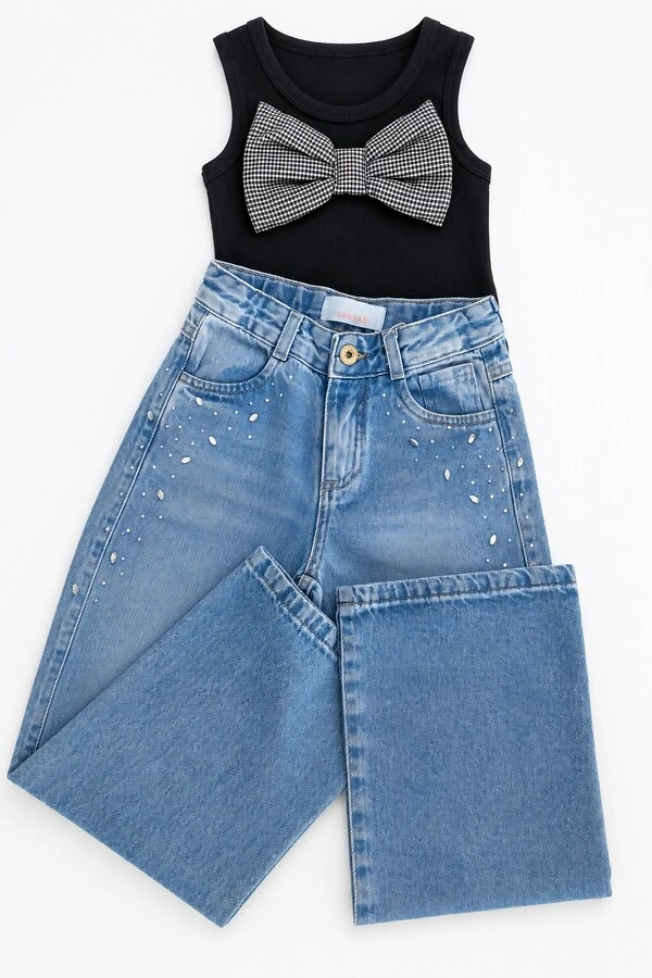 Calça Wide Leg Jeans Com Brilho