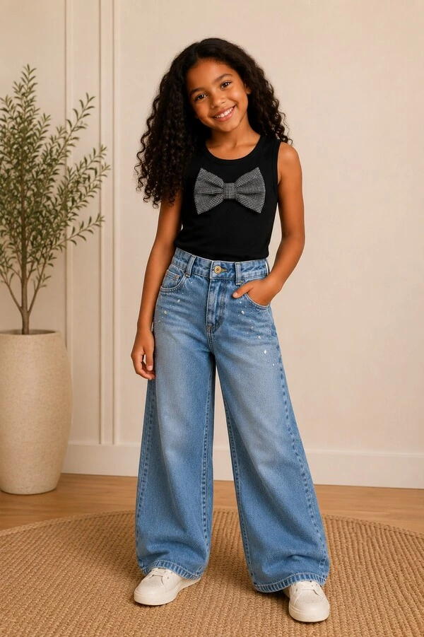 Calça Wide Leg Jeans Com Brilho