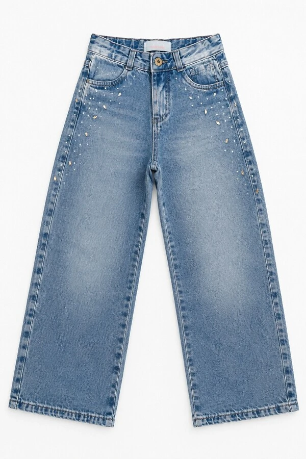 Calça Wide Leg Jeans Com Brilho