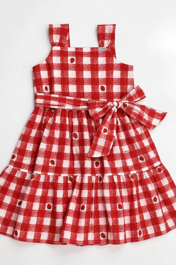 Vestido Tricoline - Xadrez Morango