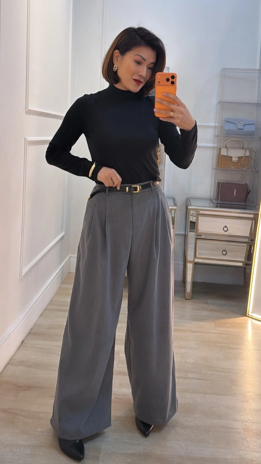 Foto Calça Pantalona Alfaiataria Lindsay Cinto Fino Couro Eco