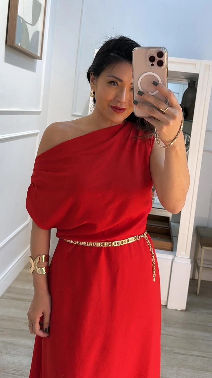 FotoVestido Midi Assimétrico Angélica Drapeado Nos Ombros