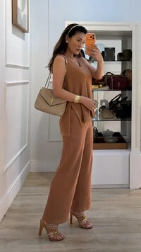 Conjunto Tricot Maithe Blusa Regata Alongada E Calça Pantalona