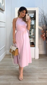 Vestido Midi Cavado Tricoline Giselle Detalhe Posterior Transpassado E Vazado