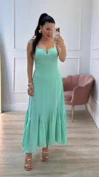 Vestido Longo Crepe Recorte V Daiana Barrado Assimétrico