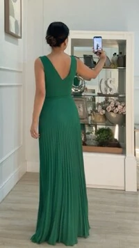 Vestido Longo Decote V Detalhe De Laço Maithe Saia Plissada