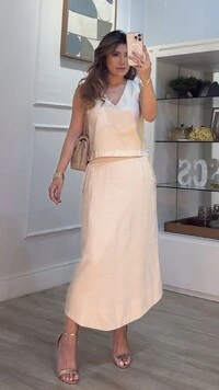 Saia Midi Bolsos Detalhe Trançado Esther Barrado Arredondado