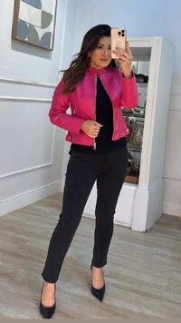 Jaqueta Couro Eco Zíper Prata Tália Martingalê No Barrado