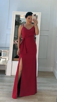 Vestido Longo Decote V Detalhe Laço Liz Fenda Frontal