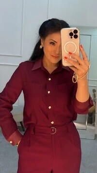 Camisa Twill Mariane Gola E Punhos Em Couro Eco