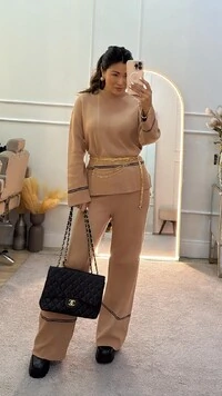 Conjunto Tricot Vilma Blusa & Calça Pantalona Com Listra Dupla