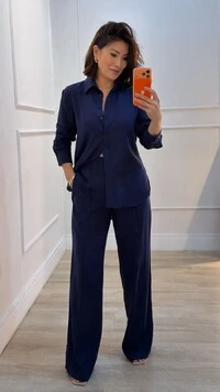 Conjunto Viscose Com Linho Pamela Calça Pantalona E Camisa