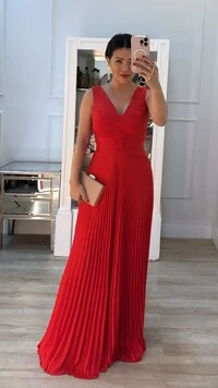 Vestido Longo Decote V Detalhe De Laço Maithe Saia Plissada