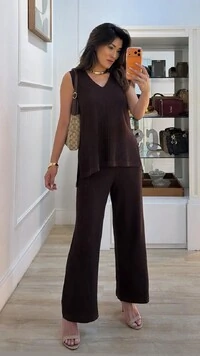 Conjunto Tricot Maithe Blusa Regata Alongada E Calça Pantalona