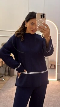 Conjunto Tricot Vilma Blusa & Calça Pantalona Com Listra Dupla