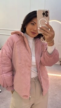 Jaqueta Puffer Nylon Com Teddy Estella Mangas Bufantes