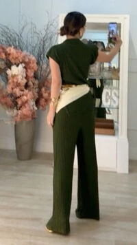 Conjunto Tricot Nervuras Caneladas Roberta Blusa E Calça Pantalona