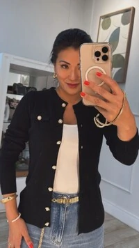 Cardigan Canelado Alicia Botões De Flor Com Pérola