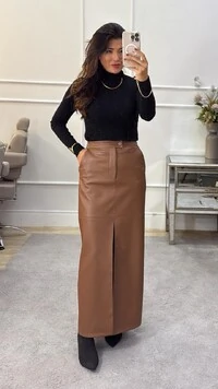 Saia Longa Couro Eco Pala Transpassada Natasha Fenda Frontal