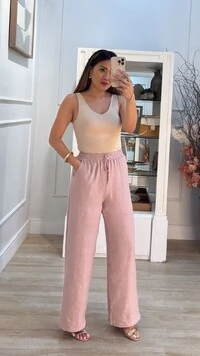 Calça Pantalona Pala Larga Paola Bolsos E Amarração Frontal
