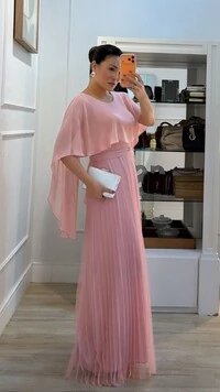 Vestido Longo Mangas Em Echarpe Vivi Saia Plissada Em Tule