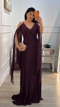 Vestido Longo Manga Echarpe Bruna Com Cinto Faixa