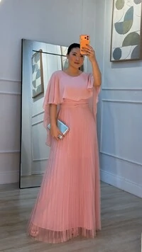 Vestido Longo Mangas Em Echarpe Vivi Saia Plissada Em Tule