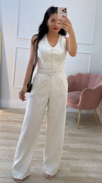 Macacão Pantalona Viscose Com Linho Decote V Laís Cinto Forrado