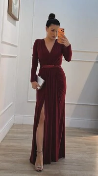 Vestido Longo Mangas Longas Jamile Cinto De Paetê
