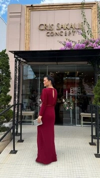 Vestido Longo Mangas Longas Jamile Cinto De Paetê