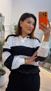 Blusa Gola Polo De Renda Bicolor Marina Detalhe Canelado