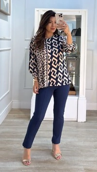 Blusa Ampla Malha Fria Estampada Safira Mangas 7/8 Bufantes