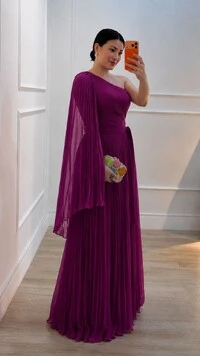 Vestido Longo Plissado Ombro Único Chloe Cinto Faixa