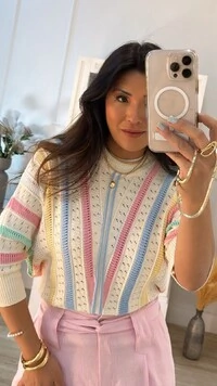 Blusa Tricot Ampla Multicolor Alice Com Nervuras E Entremeios